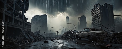 Desolate urban landscape showcasing a ruined cityscape with abandoned vehicles under a stormy sky