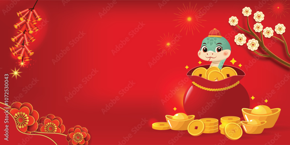 A festive Chinese New Year, a cute snake surrounded by gold coins and firecrackers. A festive Chinese New Year, a cute snake surrounded by gold coins and firecrackers.
