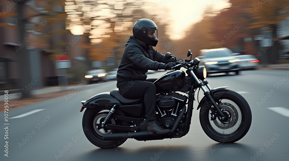 Fototapeta premium Motorcyclist in black jacket and helmet riding a chopper bike on the street 
