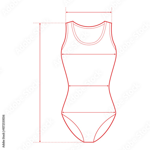 One-Piece Swimsuit Technical Drawing with Measurement Points and Size Chart

