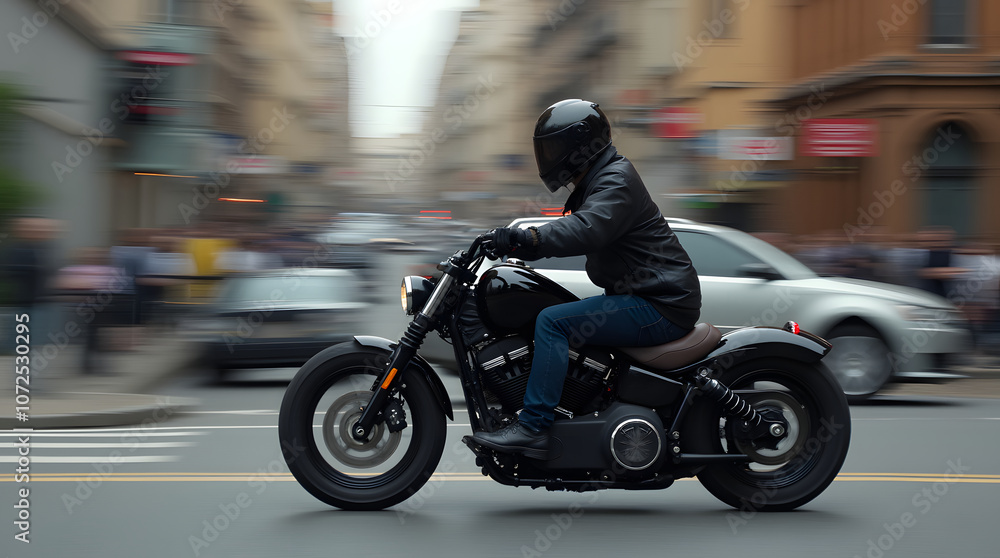 Fototapeta premium Motorcyclist in black jacket and helmet riding a chopper bike on the street 