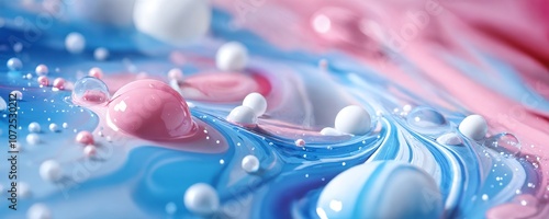 Abstract swirls of blue and pink paint with spherical white accents creating a vibrant and colorful artistic display photo