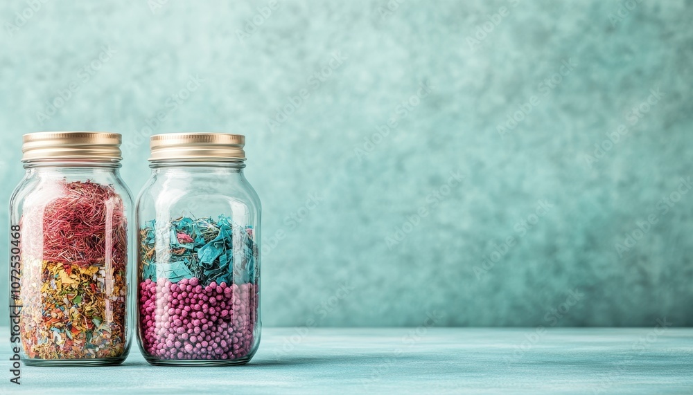 Recycle, reuse and renewal concept. Clear glass jars filled with colorful recycled materials, showcasing reuse and eco conscious choices. Recycle, reuse and renewal concept. Clear glass jars filled with colorful recycled materials, showcasing reuse and eco conscious choices.