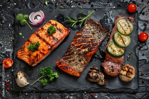 Barbecue Set with Grilled Salmon Steak, Uchpanja and Fried Beef Tenderloin on Black Stone Top View photo