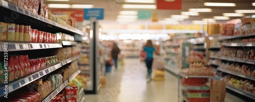 Wallpaper Mural Grocery shoppers browsing through aisles filled with snacks and packaged goods in a supermarket during a busy afternoon Torontodigital.ca