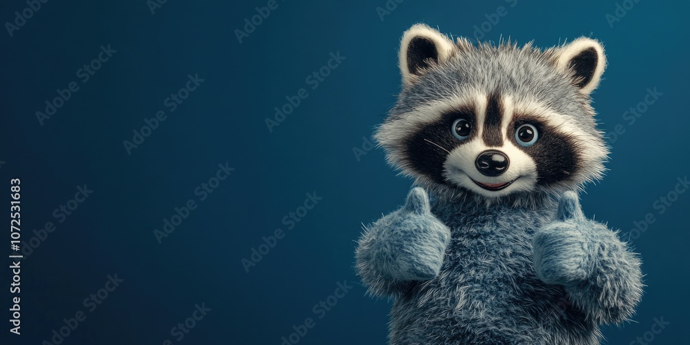 Cheerful Raccoon Plush with Thumbs Up Gesture, Wearing Stylish Attire and Sunglasses, Posed on Blue Background Cheerful Raccoon Plush with Thumbs Up Gesture, Wearing Stylish Attire and Sunglasses, Posed on Blue Background