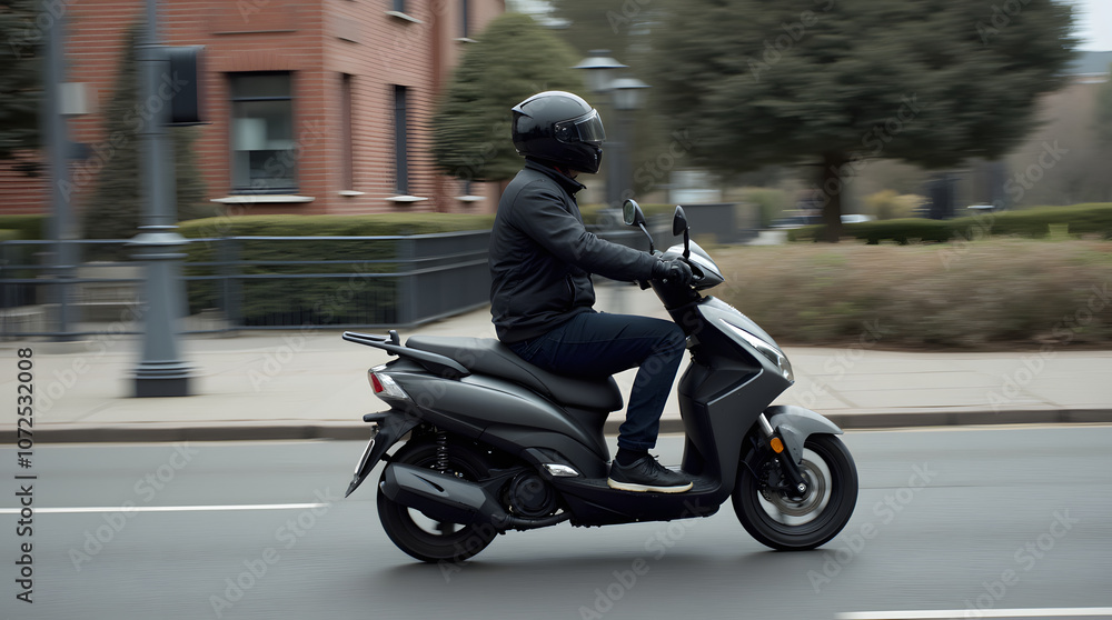 Motorcyclist in black jacket and helmet riding a scooter on the street Motorcyclist in black jacket and helmet riding a scooter on the street