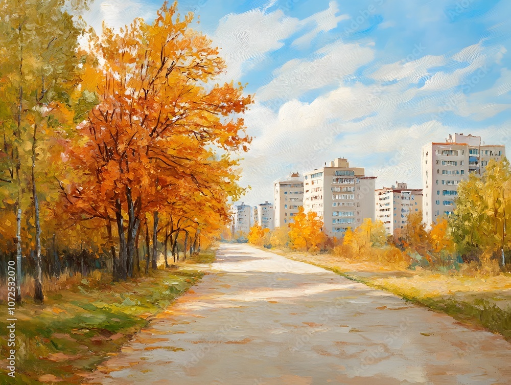 Naklejka premium Oil painting of a city in autumn scenic landscape