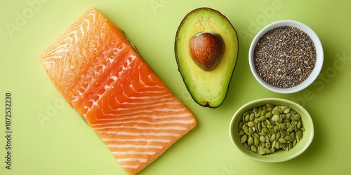 Salmon, Avocado, Chia Seeds, and Pumpkin Seeds on a Green Background photo