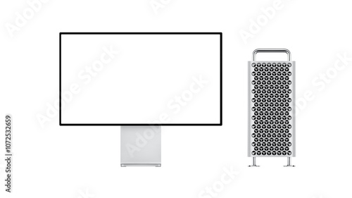 Modern Mac Pro with Apple pro display XDR on white background.  Realistic Vector Image.