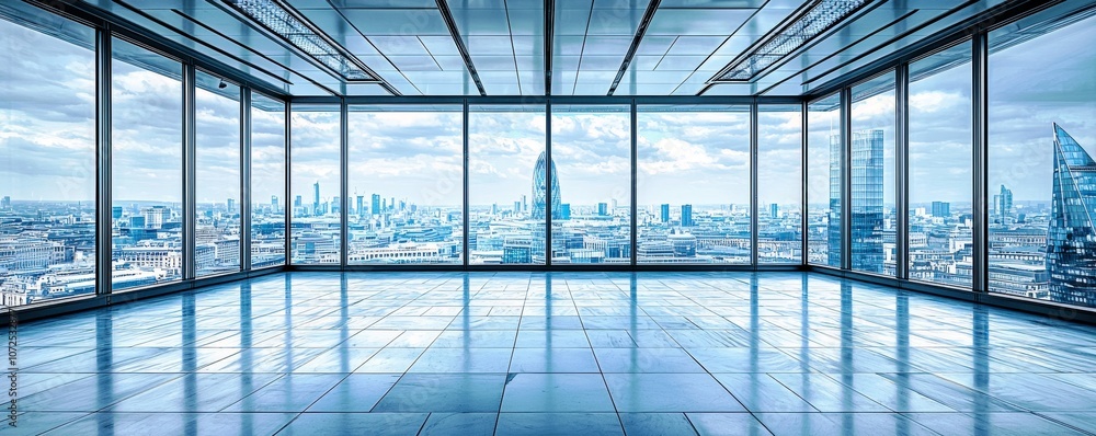 Modern Empty Office Space with Panoramic City View, Bright Natural Light Illuminating Sleek Interior, Contemporary Design and Urban Skyline in Background Modern Empty Office Space with Panoramic City View, Bright Natural Light Illuminating Sleek Interior, Contemporary Design and Urban Skyline in Background
