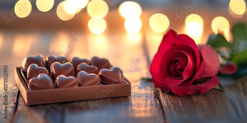 A beautiful display of heart-shaped chocolates alongside a vibrant red rose. Perfect for romance or special occasions. Ideal for gifts or celebrations. Capture the moment of love. AI