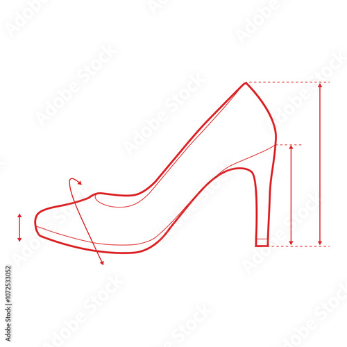 High Heels Technical Drawing with Measurement Points and Size Chart

