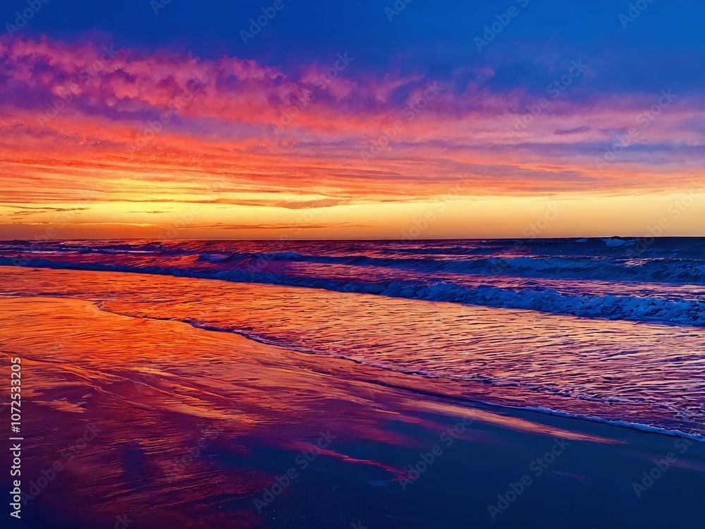 Colorful sunset over the ocean waves reflecting vibrant hues along a serene beach shoreline at dusk Colorful sunset over the ocean waves reflecting vibrant hues along a serene beach shoreline at dusk