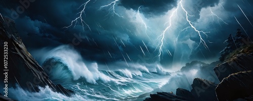 Dramatic stormy seascape with crashing waves and lightning over rocky coastline during nighttime