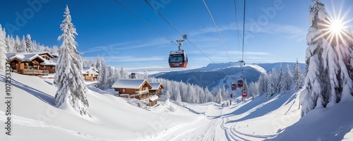 A serene winter landscape with ski lift cabins passing over snow-covered slopes in a mountainous region at midday sun