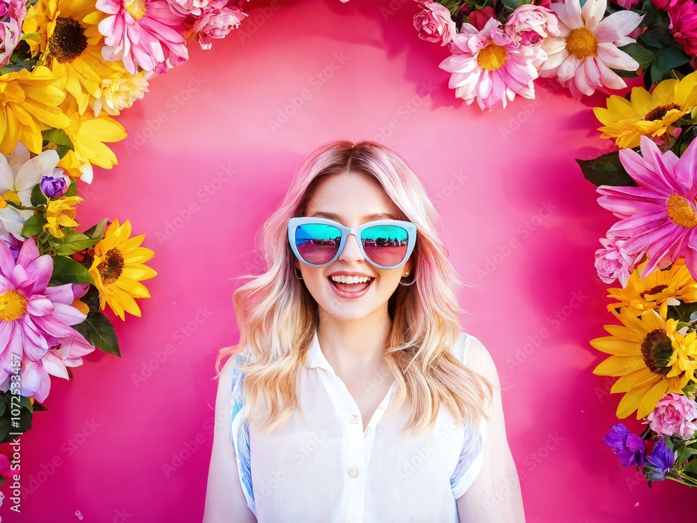 A joyful woman smiles brightly in oversized sunglasses among vibrant flowers against a pink background during daylight A joyful woman smiles brightly in oversized sunglasses among vibrant flowers against a pink background during daylight