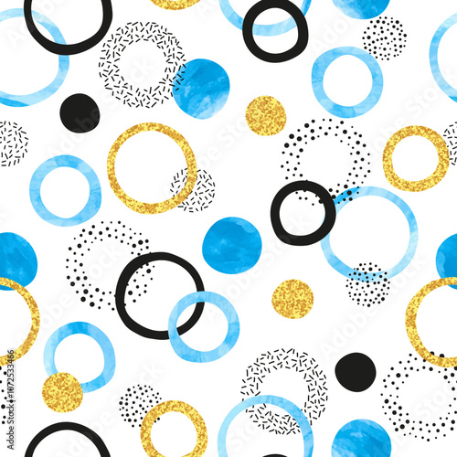 Seamless abstract pattern with blue and golden circles. Vector background wit...