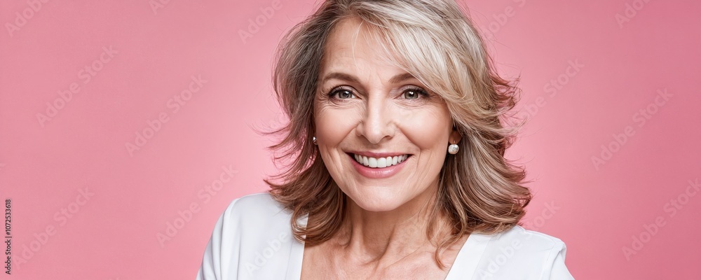 A smiling middle-aged woman with wavy blonde hair poses against a pink background, showcasing natural beauty and confidence A smiling middle-aged woman with wavy blonde hair poses against a pink background, showcasing natural beauty and confidence