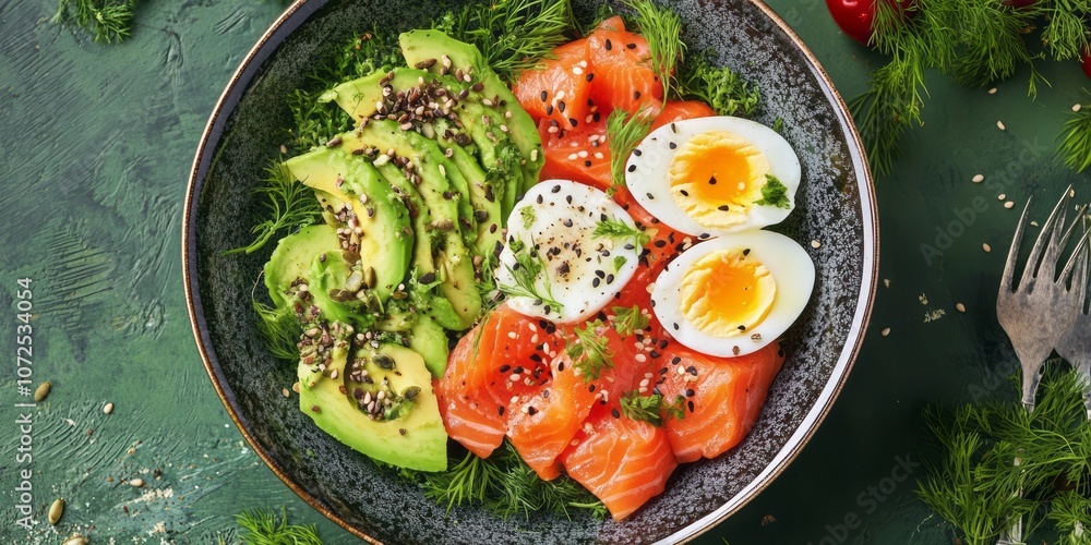 Avocado, Salmon, and Egg Salad Bowl with Green Garnish Avocado, Salmon, and Egg Salad Bowl with Green Garnish