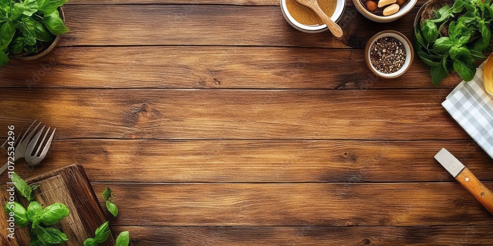 Rustic Wooden Tabletop with Herbs, Spices, and Utensils Rustic Wooden Tabletop with Herbs, Spices, and Utensils