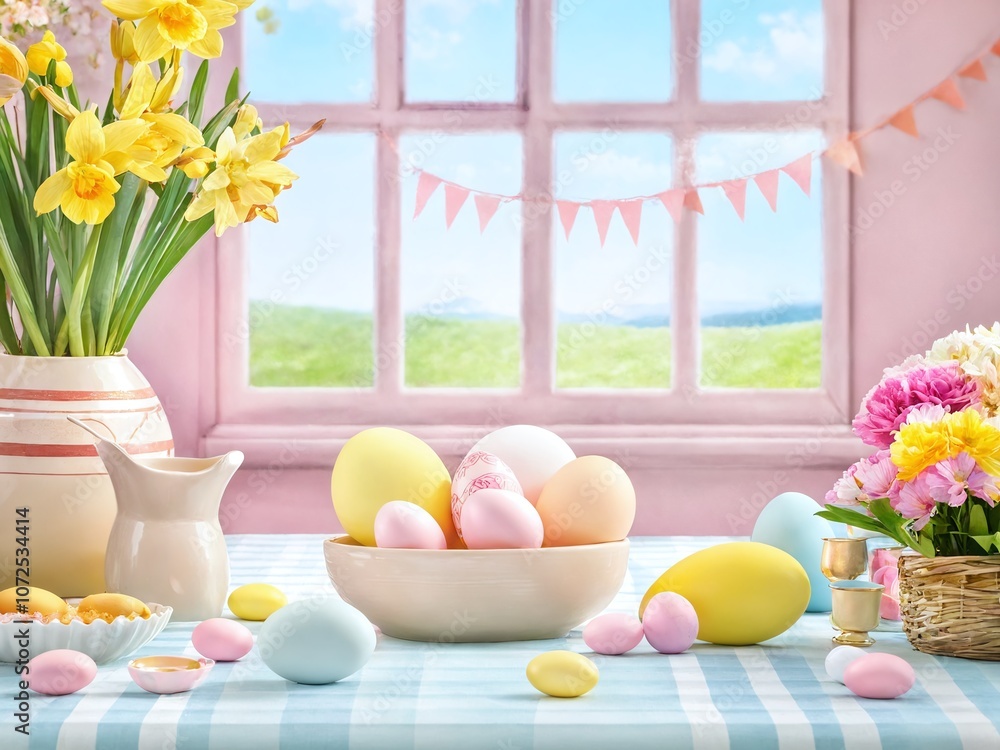 Celebrating Easter with colorful eggs and fresh flowers in a bright, cheerful room full of spring decor Celebrating Easter with colorful eggs and fresh flowers in a bright, cheerful room full of spring decor