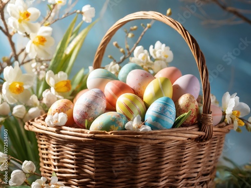 A colorful Easter basket filled with decorated eggs surrounded by spring flowers on a bright sunny day photo