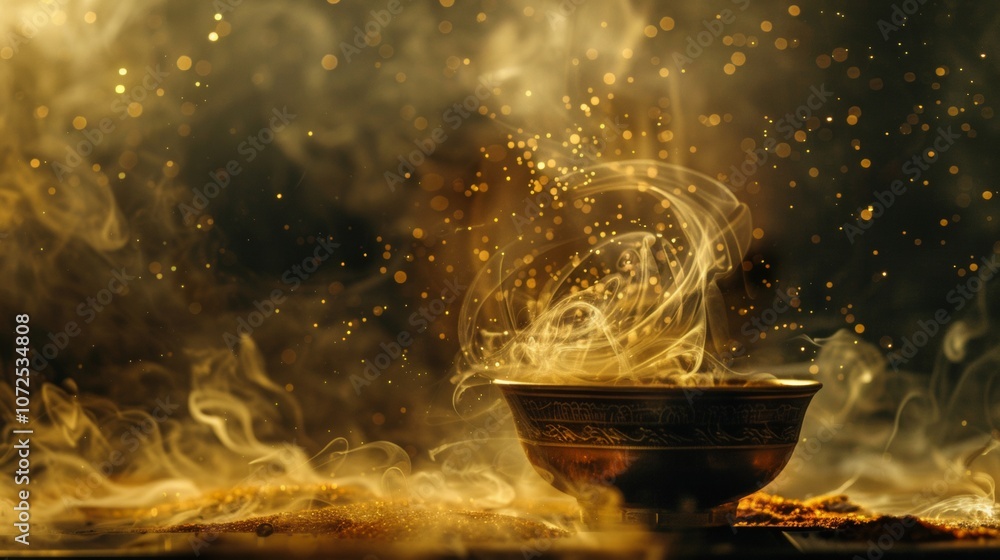 Mystical incense bowl with swirling smoke and golden particles Mystical incense bowl with swirling smoke and golden particles