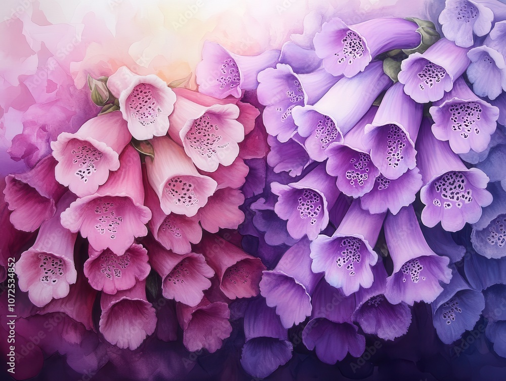 Obraz premium A vibrant depiction of bell-shaped flowers in pink and purple hues, showcasing their delicate beauty against a soft background.