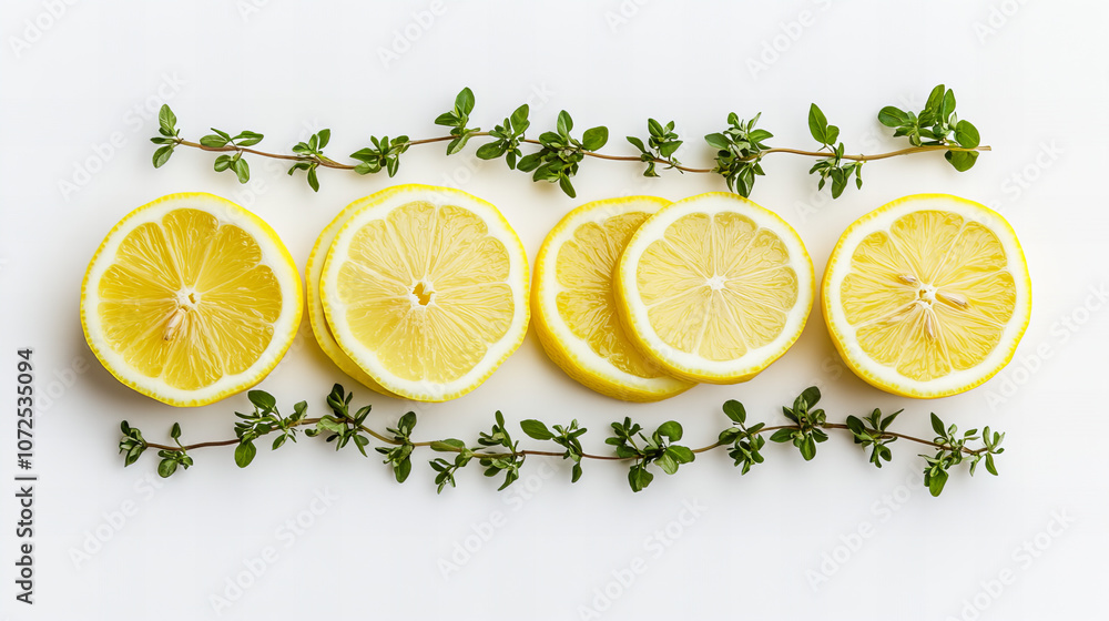 Fresh lemon slices arranged with fragrant thyme sprigs on a white background in bright daylight, showcasing vibrant colors and textures Fresh lemon slices arranged with fragrant thyme sprigs on a white background in bright daylight, showcasing vibrant colors and textures