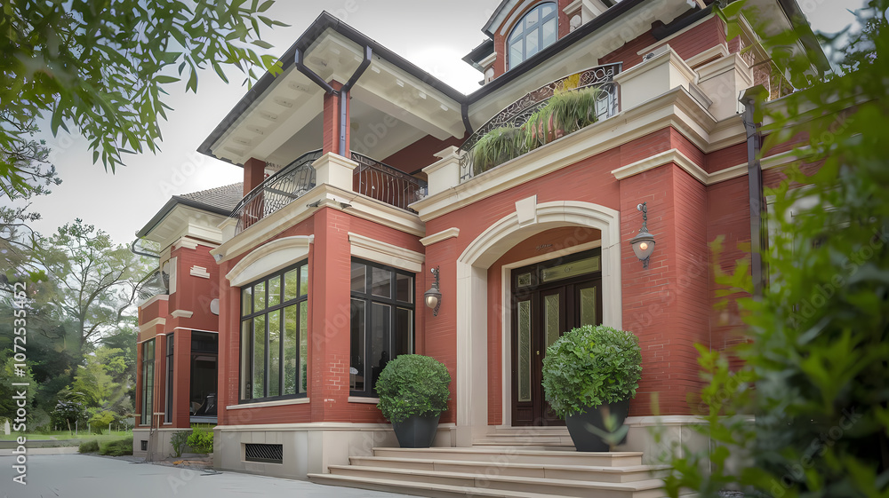 Stunning modern red brick luxury home with large windows, elegant entrance, and landscaped greenery, showcasing contemporary architecture and inviting outdoor space.