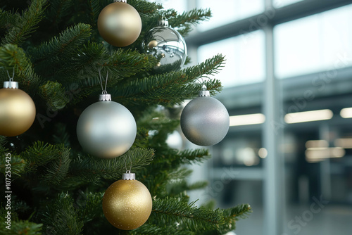 A beatifully decorated Christmas tree with golden and silver ornaments in a train station photo