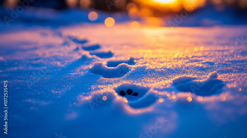 Dog footprints in the glistening snow. The snow glows blue and yellowA high-quality photo featuring dog footprints imprinted in glistening snow.  photo