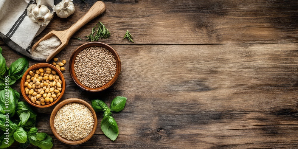 Rustic Wooden Surface with Bowls of Grains, Seeds, and Garlic Rustic Wooden Surface with Bowls of Grains, Seeds, and Garlic