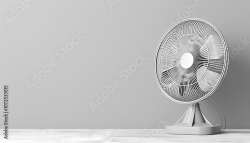 Portable fan on table against light grey background, space for text. Summer heat