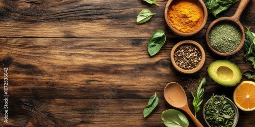 Wallpaper Mural Wooden Background with Spices, Herbs, and Avocado Slice Torontodigital.ca