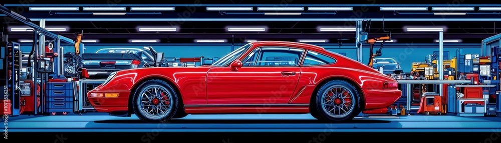 Classic Sport Car in a Modern Garage Setting with Bright Lighting, Workbenches, Tools, and Other Vehicles in the Background Classic Sport Car in a Modern Garage Setting with Bright Lighting, Workbenches, Tools, and Other Vehicles in the Background