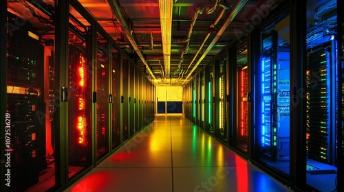 Illuminated Data Center Corridor with Server Racks