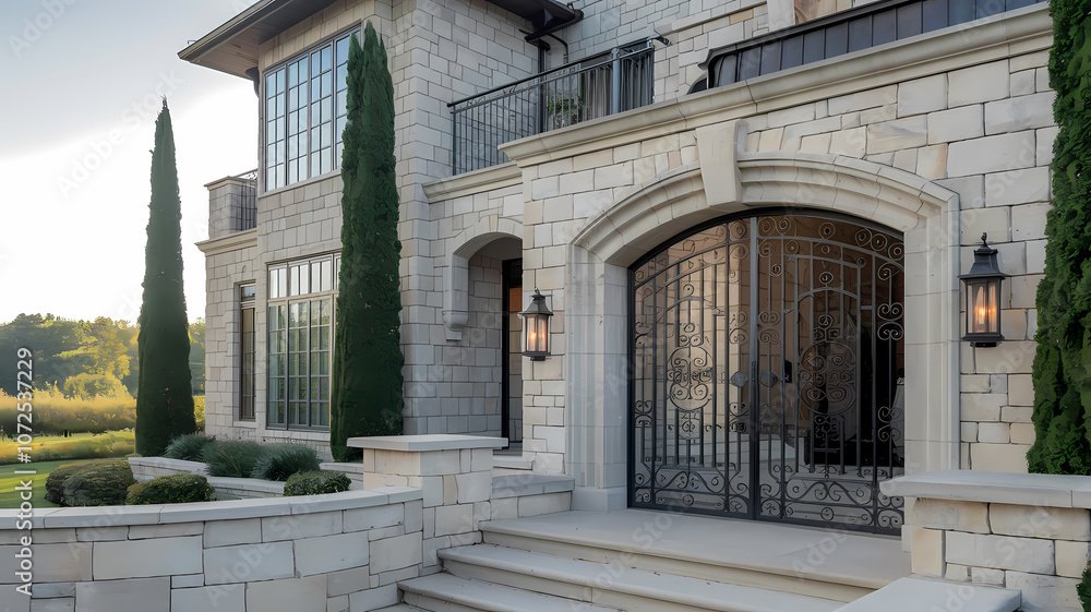 Elegant modern home exterior featuring a stone façade, ornate iron gate, lush landscaping, and tall cypress trees, set against a serene sunset backdrop. Ideal for luxury real estate listings. Elegant modern home exterior featuring a stone façade, ornate iron gate, lush landscaping, and tall cypress trees, set against a serene sunset backdrop. Ideal for luxury real estate listings.