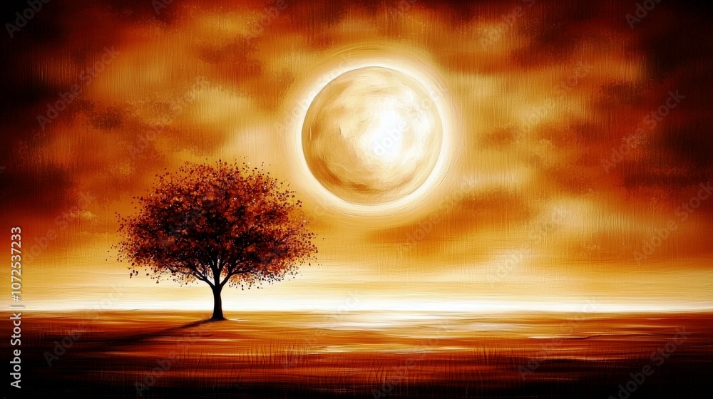 Serene Landscape with an Isolated Tree and a Large Glowing Moon Illuminating a Calm Horizon in Warm Tones of Orange and Gold Serene Landscape with an Isolated Tree and a Large Glowing Moon Illuminating a Calm Horizon in Warm Tones of Orange and Gold