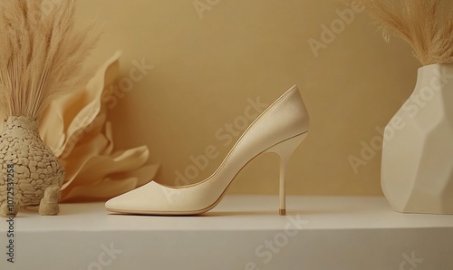 A single cream-colored high-heeled shoe with a pointed toe sits on a white shelf in front of a yellow background. The shoe is surrounded by dried flowers and vases. photo