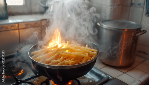 Cooking delicious french fries in hot oil photo