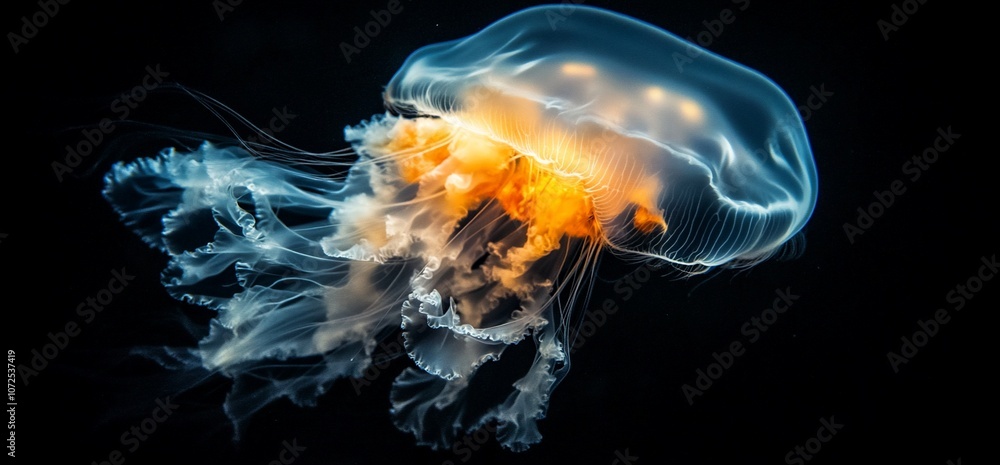 Fototapeta premium A single jellyfish with long flowing tentacles floats gracefully against a black background, its bell illuminated with an ethereal orange glow.