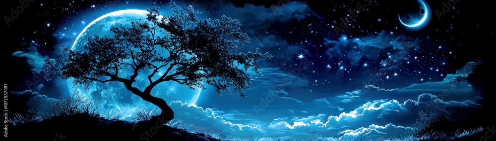 Enchanting Night Sky with Full Moon, Starry Background, and Silhouette of a Tree in a Mystical Blue Atmosphere Enchanting Night Sky with Full Moon, Starry Background, and Silhouette of a Tree in a Mystical Blue Atmosphere