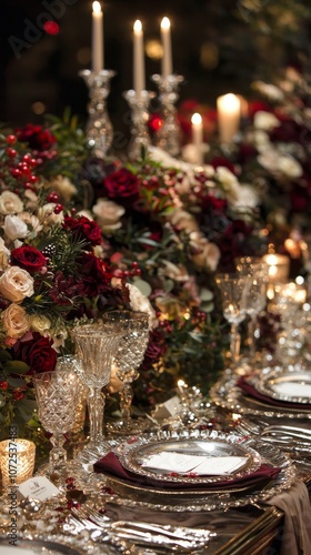 Luxury Festive Dinner Table with Elegant Tableware. Lavish Christmas Dining.