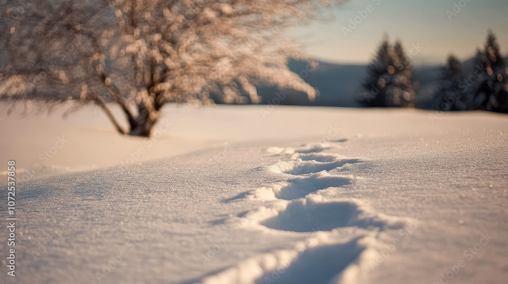Picture a snow-covered valley where many footprints weave their way across the pristine surface, hinting at the passage of travelers or wildlife Picture a snow-covered valley where many footprints weave their way across the pristine surface, hinting at the passage of travelers or wildlife