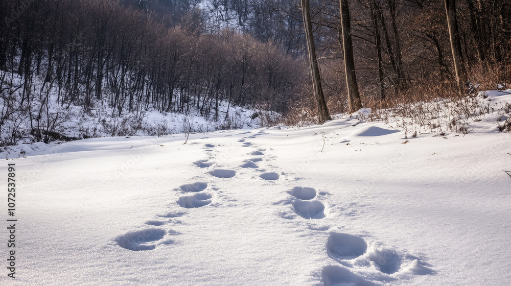 Picture a snow-covered valley where many footprints weave their way across the pristine surface, hinting at the passage of travelers or wildlife Picture a snow-covered valley where many footprints weave their way across the pristine surface, hinting at the passage of travelers or wildlife