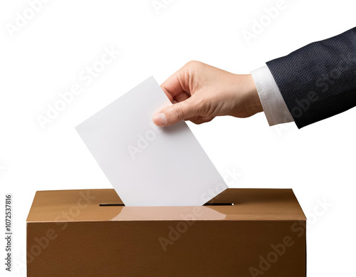 A hand places a ballot paper in a ballot box on a transparent background, symbolizing the voting process 