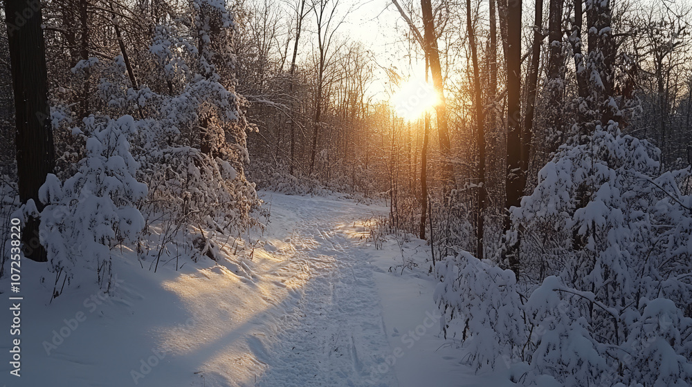 Imagine a serene winter sunrise casting soft, golden-pink hues through a snow-covered forest path. Imagine a serene winter sunrise casting soft, golden-pink hues through a snow-covered forest path.