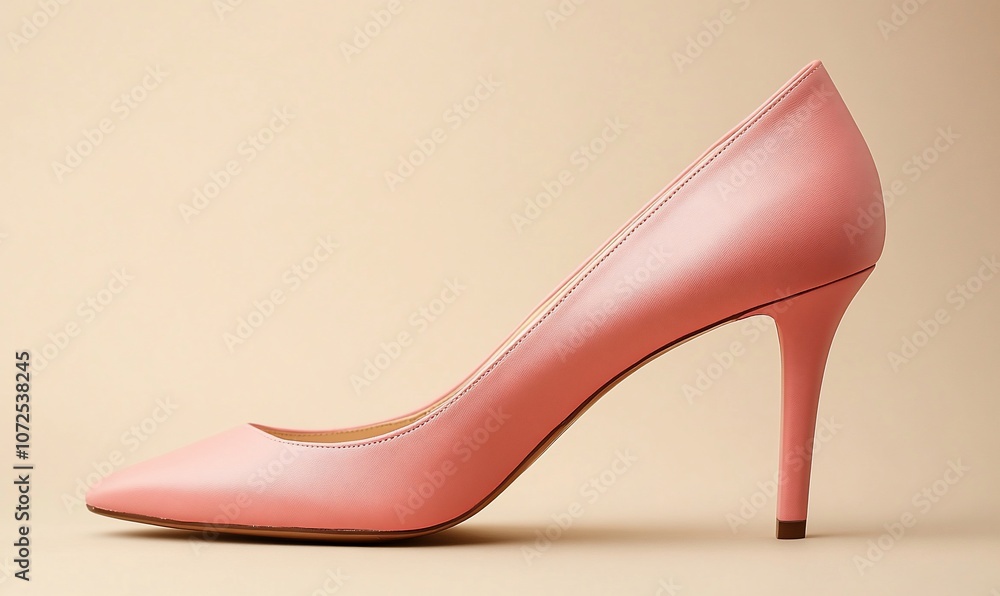 A single pink leather high-heeled pump shoe isolated on a beige background. A single pink leather high-heeled pump shoe isolated on a beige background.